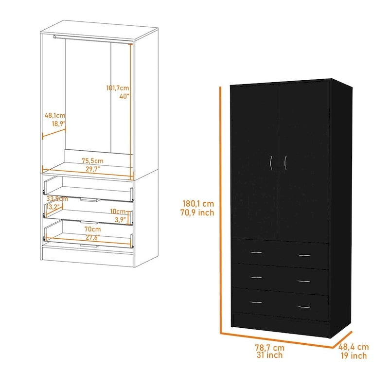 Armoire 2 portes avec tiroirs et tringle, blanc et noir, 1 personne