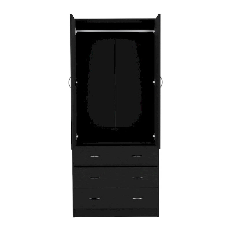 Armoire 2 portes avec tiroirs et tringle, blanc et noir, 1 personne