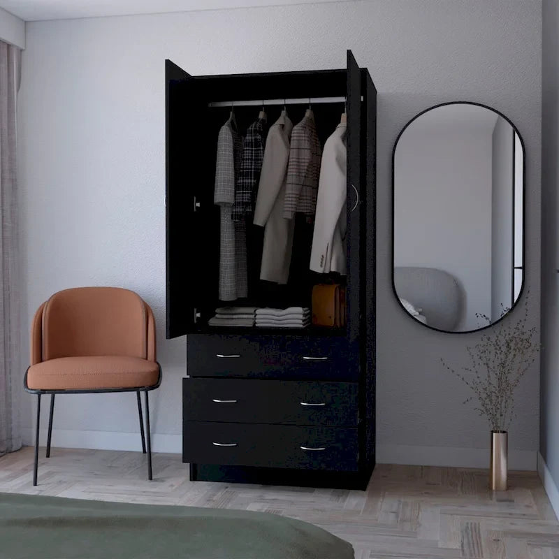 Armoire 2 portes avec tiroirs et tringle, blanc et noir, 1 personne