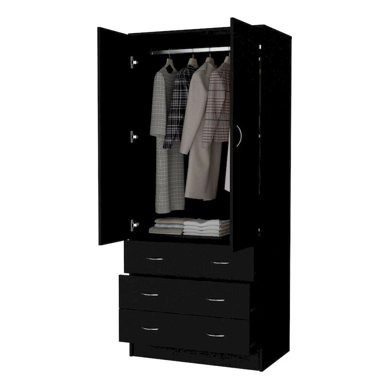Armoire 2 portes avec tiroirs et tringle, blanc et noir, 1 personne