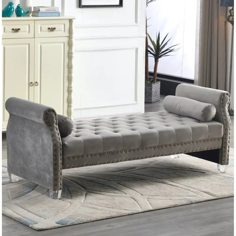 Banc rembourré capitonné en velours à accoudoirs roulés, multicolore, 2-3 places