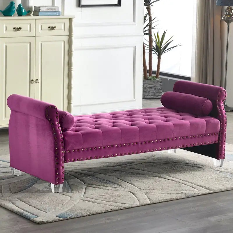 Banc rembourré capitonné en velours à accoudoirs roulés, multicolore, 2-3 places