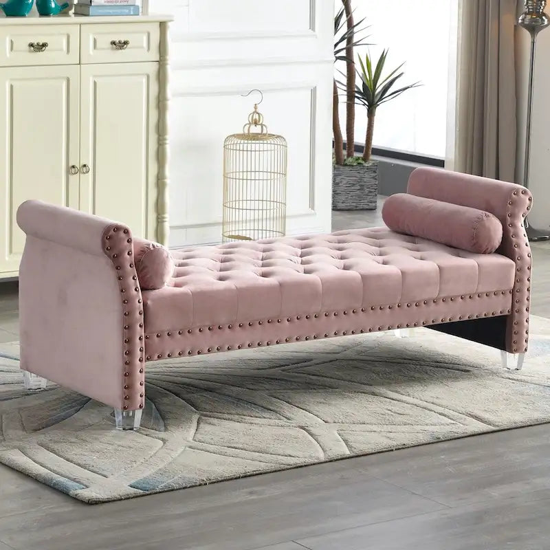 Banc rembourré capitonné en velours à accoudoirs roulés, multicolore, 2-3 places