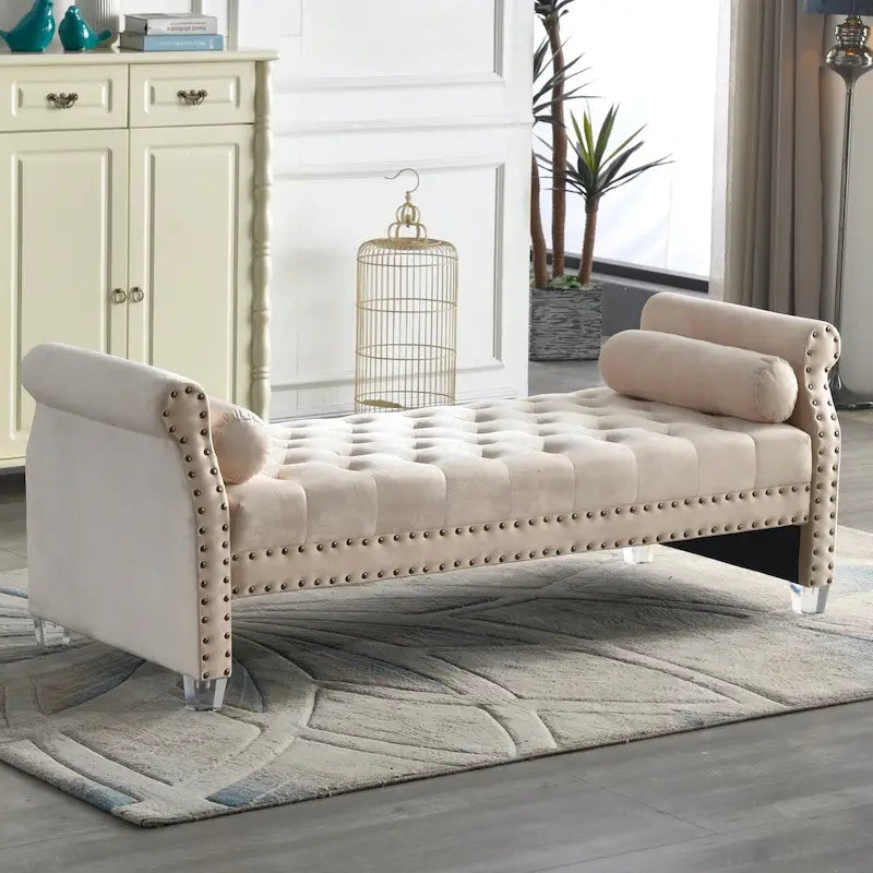 Banc rembourré capitonné en velours à accoudoirs roulés, multicolore, 2-3 places