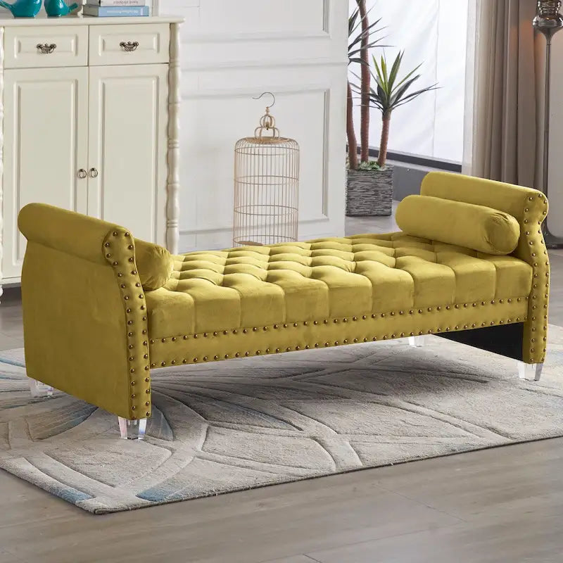 Banc rembourré capitonné en velours à accoudoirs roulés, multicolore, 2-3 places