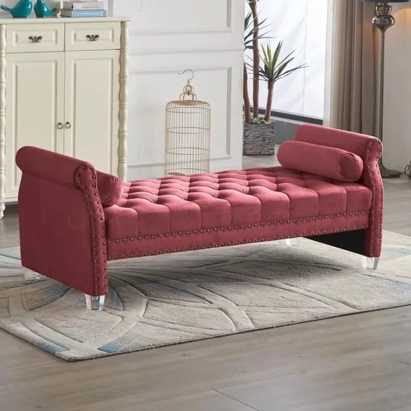 Banc rembourré capitonné en velours à accoudoirs roulés, multicolore, 2-3 places