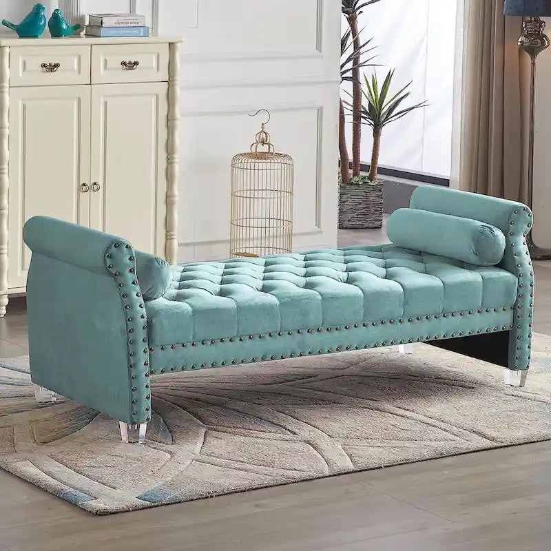 Banc rembourré capitonné en velours à accoudoirs roulés, multicolore, 2-3 places