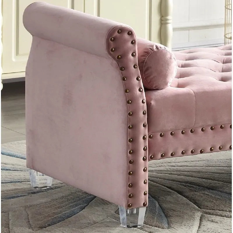 Banc rembourré capitonné en velours à accoudoirs roulés, multicolore, 2-3 places