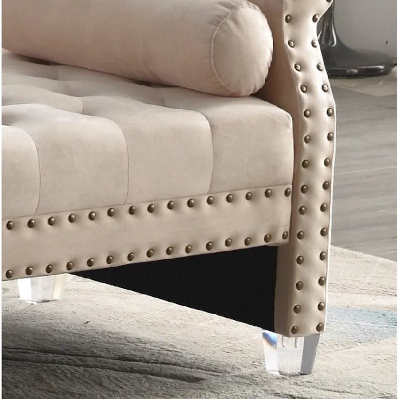 Banc rembourré capitonné en velours à accoudoirs roulés, multicolore, 2-3 places