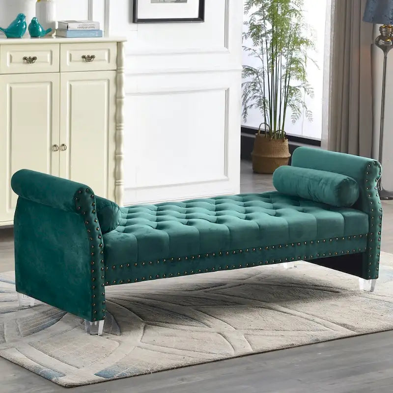 Banc rembourré capitonné en velours à accoudoirs roulés, multicolore, 2-3 places