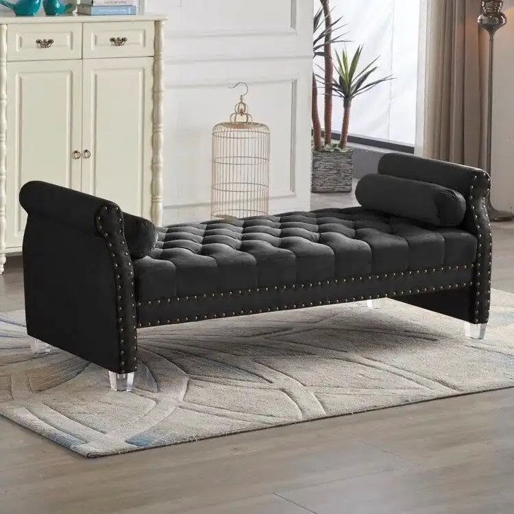 Banc rembourré capitonné en velours à accoudoirs roulés, multicolore, 2-3 places