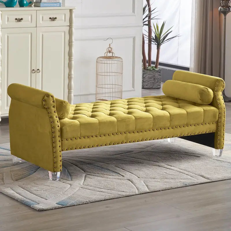 Banc rembourré capitonné en velours à accoudoirs roulés, multicolore, 2-3 places