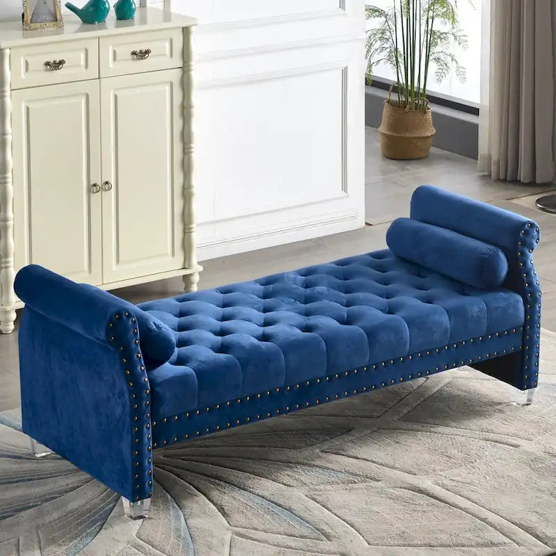 Banc rembourré capitonné en velours à accoudoirs roulés, multicolore, 2-3 places
