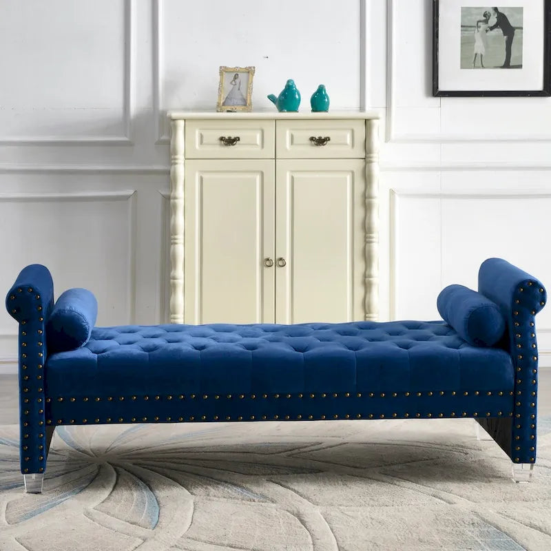 Banc rembourré capitonné en velours à accoudoirs roulés, multicolore, 2-3 places