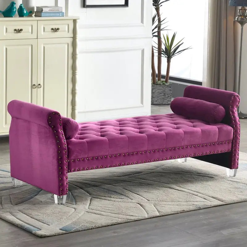 Banc rembourré capitonné en velours à accoudoirs roulés, multicolore, 2-3 places