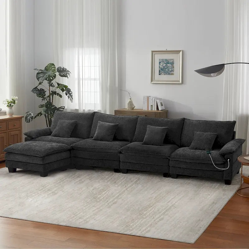 Canapé d'angle modulable en L, convertible 5 places – Bleu / Blanc / Gris / Noir / Crème / Vert