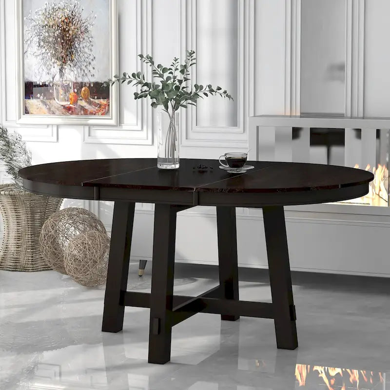 Table à manger ronde et extensible de style fermier avec 16 rallonges - Élégante table de cuisine en bois
