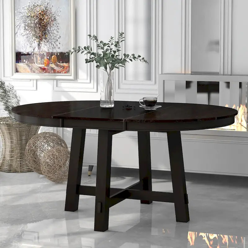 Table à manger ronde et extensible de style fermier avec 16 rallonges - Élégante table de cuisine en bois