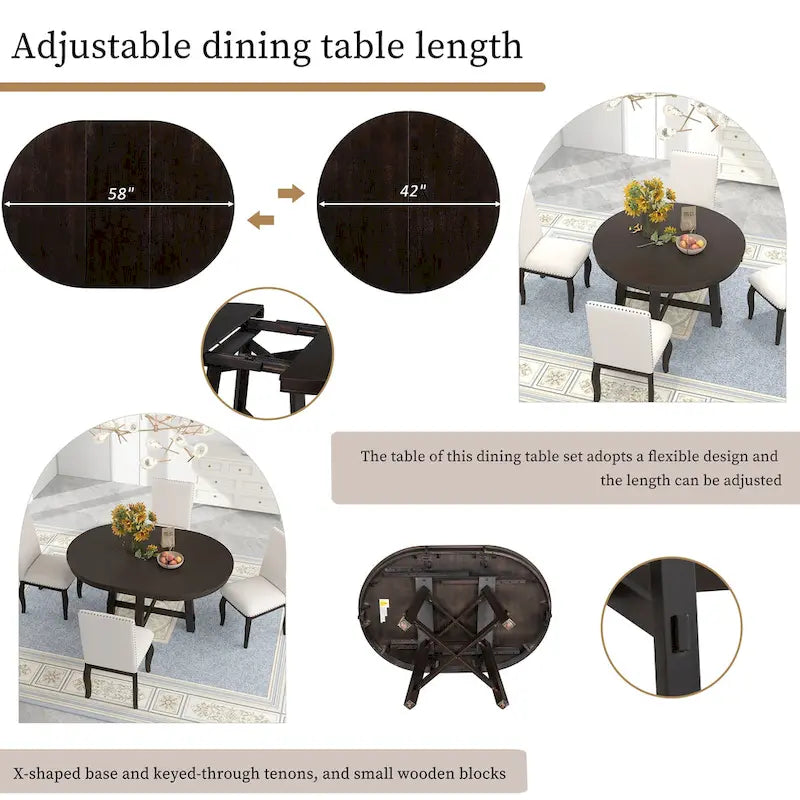 Table à manger ronde et extensible de style fermier avec 16 rallonges - Élégante table de cuisine en bois