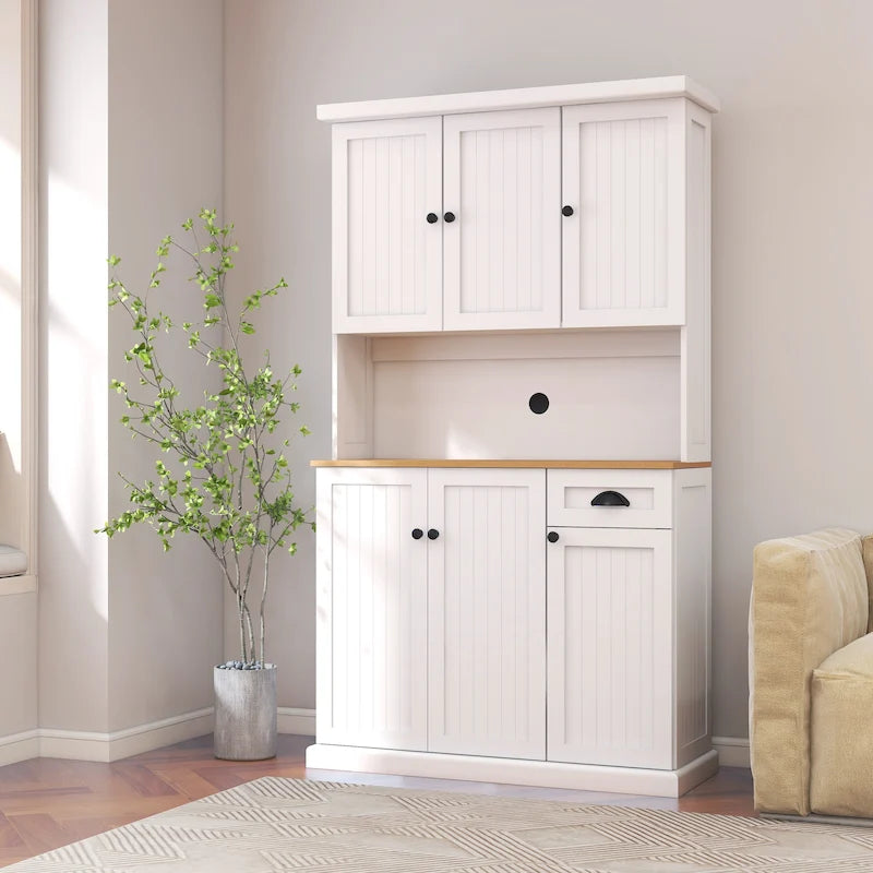 Meuble de cuisine garde-manger en grain de bois blanc de 71", avec comptoir pour micro-ondes, 6 portes et 1 tiroir, assemblage par une personne