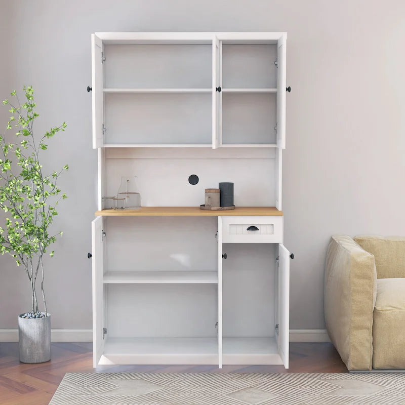 Meuble de cuisine garde-manger en grain de bois blanc de 71", avec comptoir pour micro-ondes, 6 portes et 1 tiroir, assemblage par une personne