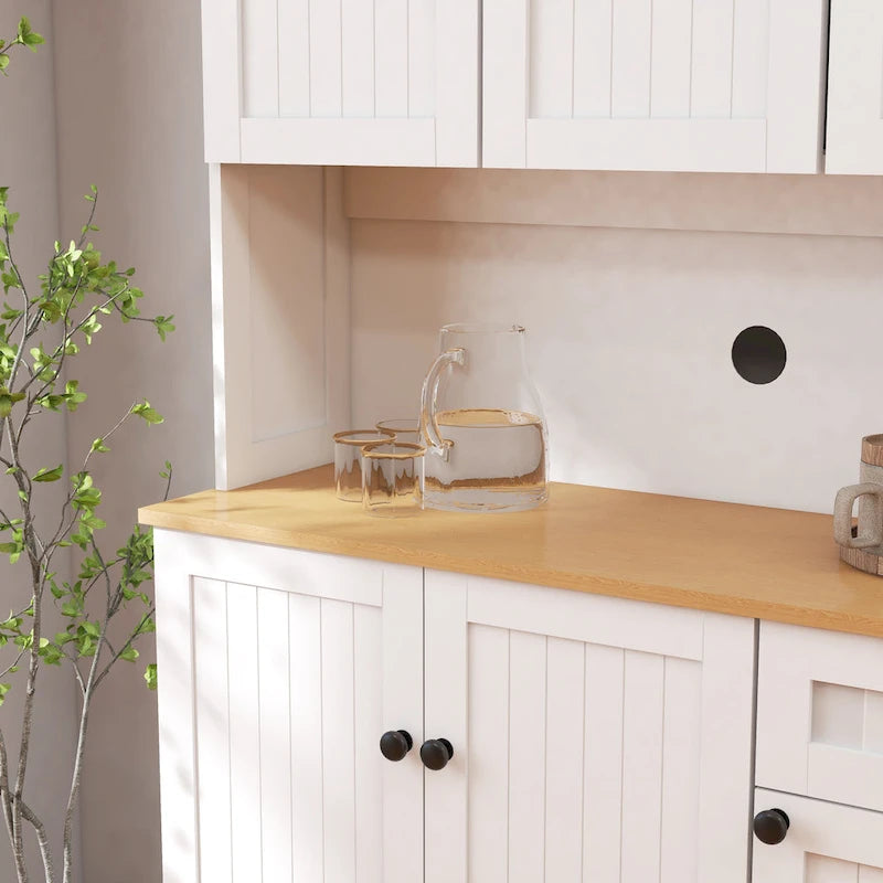 Meuble de cuisine garde-manger en grain de bois blanc de 71", avec comptoir pour micro-ondes, 6 portes et 1 tiroir, assemblage par une personne