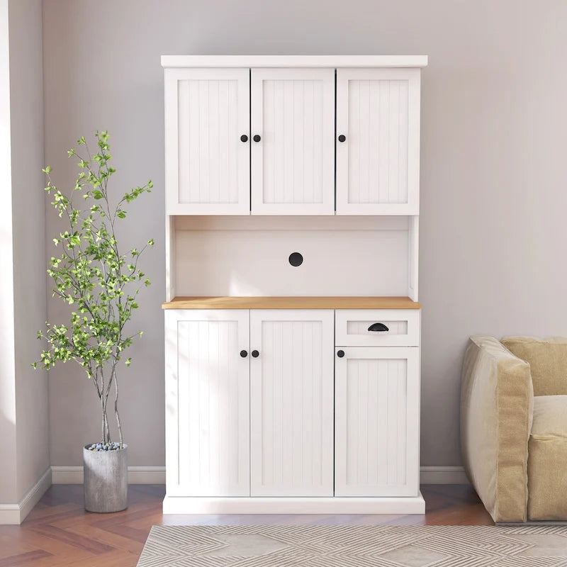 Meuble de cuisine garde-manger en grain de bois blanc de 71", avec comptoir pour micro-ondes, 6 portes et 1 tiroir, assemblage par une personne