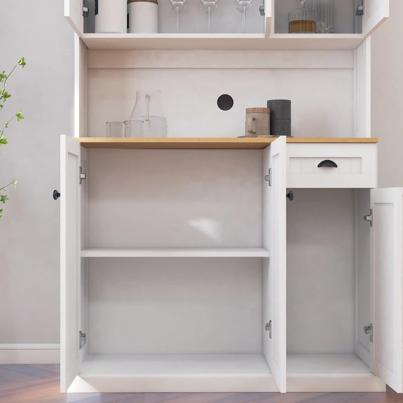 Meuble de cuisine garde-manger en grain de bois blanc de 71", avec comptoir pour micro-ondes, 6 portes et 1 tiroir, assemblage par une personne
