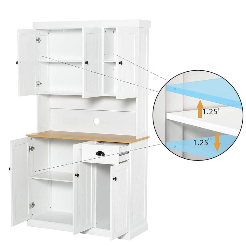Meuble de cuisine garde-manger en grain de bois blanc de 71", avec comptoir pour micro-ondes, 6 portes et 1 tiroir, assemblage par une personne