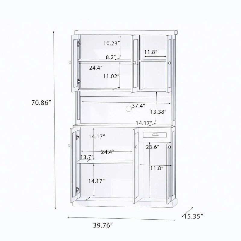 Meuble de cuisine garde-manger en grain de bois blanc de 71", avec comptoir pour micro-ondes, 6 portes et 1 tiroir, assemblage par une personne