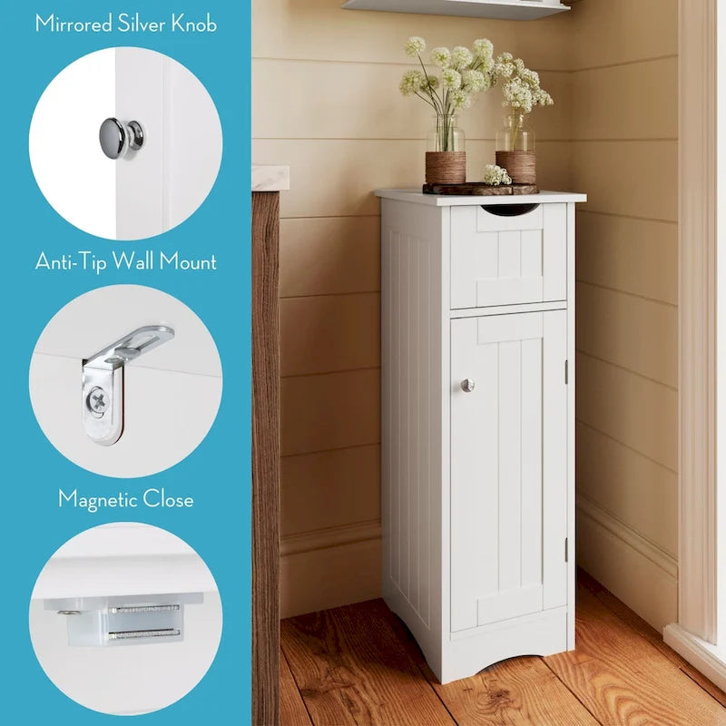 Armoire de rangement mince blanche à porte simple avec tiroir et étagères réglables