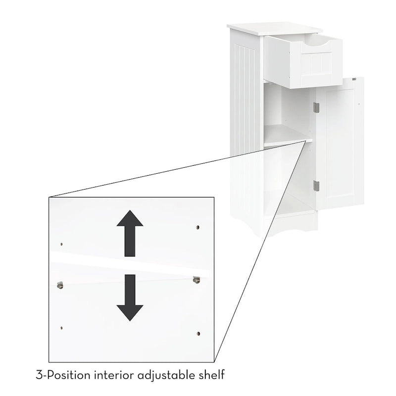 Armoire de rangement mince blanche à porte simple avec tiroir et étagères réglables