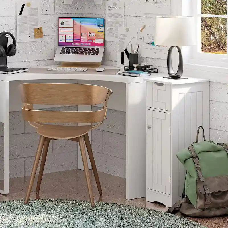 Armoire de rangement mince blanche à porte simple avec tiroir et étagères réglables