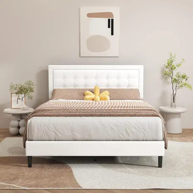 Cadre de lit plateforme rembourré noir/beige/blanc/rose | Tête de lit capitonnée | Jumeau/Double/Queen/King | 1-2 personnes