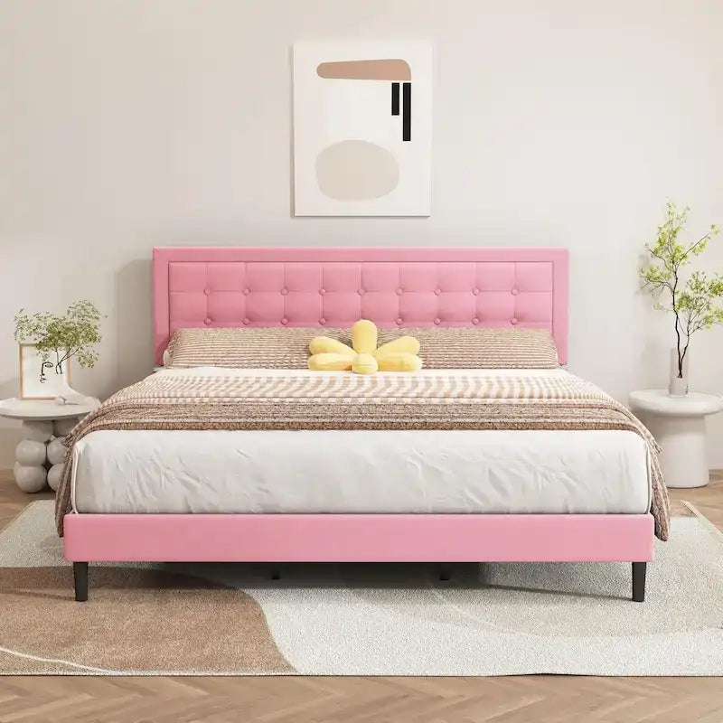 Cadre de lit plateforme rembourré noir/beige/blanc/rose | Tête de lit capitonnée | Jumeau/Double/Queen/King | 1-2 personnes