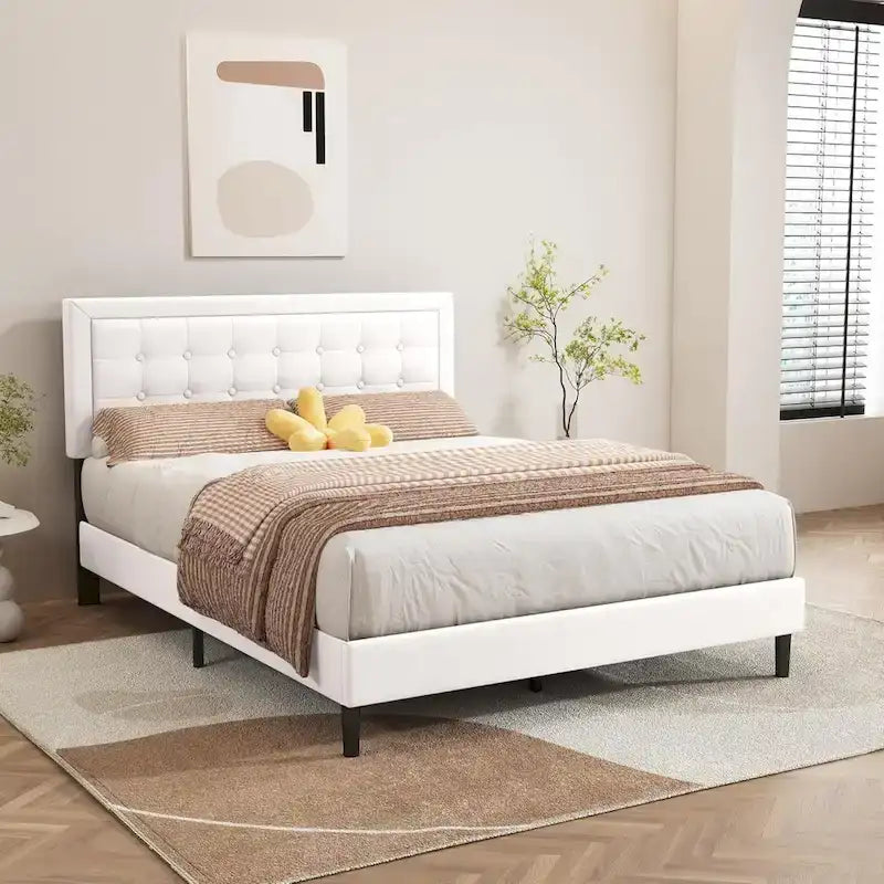 Cadre de lit plateforme rembourré noir/beige/blanc/rose | Tête de lit capitonnée | Jumeau/Double/Queen/King | 1-2 personnes