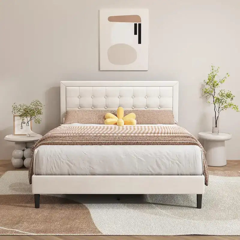 Cadre de lit plateforme rembourré noir/beige/blanc/rose | Tête de lit capitonnée | Jumeau/Double/Queen/King | 1-2 personnes