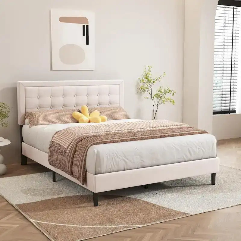 Cadre de lit plateforme rembourré noir/beige/blanc/rose | Tête de lit capitonnée | Jumeau/Double/Queen/King | 1-2 personnes