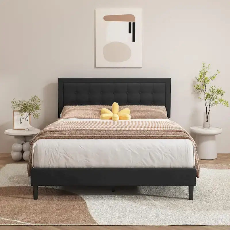 Cadre de lit plateforme rembourré noir/beige/blanc/rose | Tête de lit capitonnée | Jumeau/Double/Queen/King | 1-2 personnes