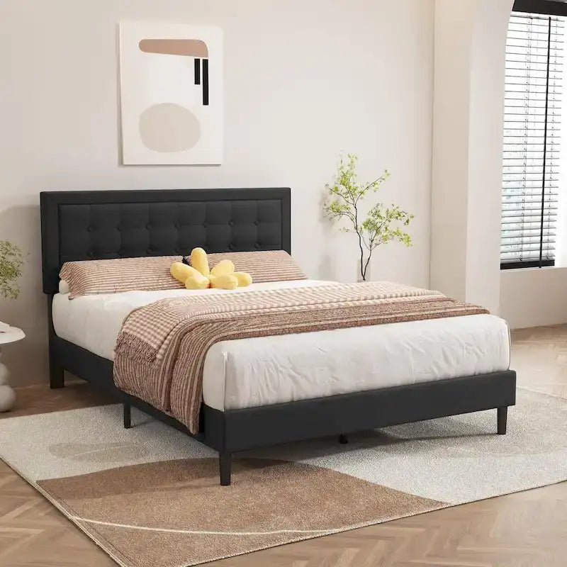 Cadre de lit plateforme rembourré noir/beige/blanc/rose | Tête de lit capitonnée | Jumeau/Double/Queen/King | 1-2 personnes