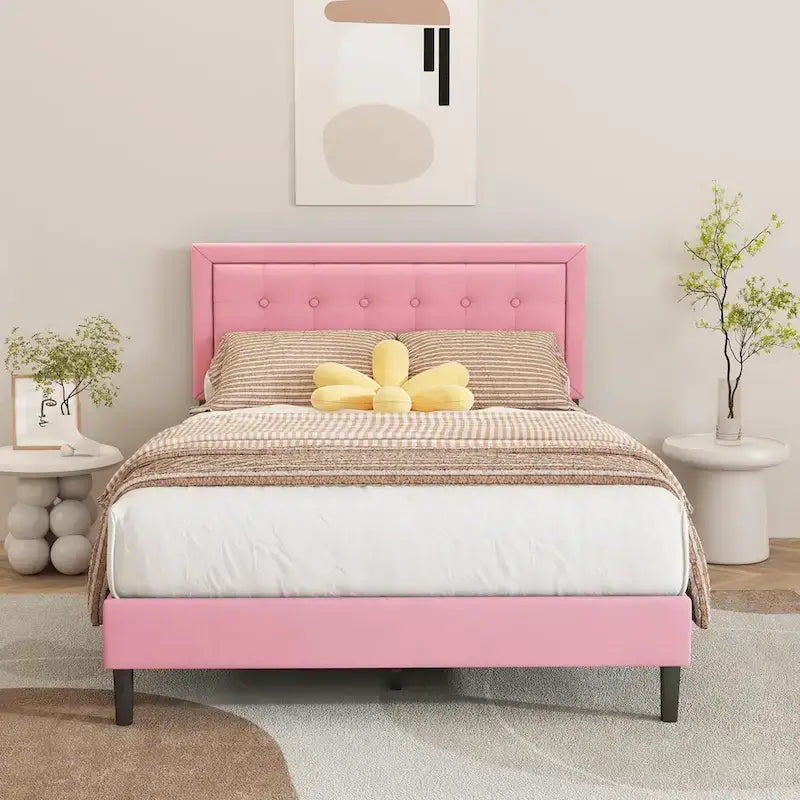 Cadre de lit plateforme rembourré noir/beige/blanc/rose | Tête de lit capitonnée | Jumeau/Double/Queen/King | 1-2 personnes