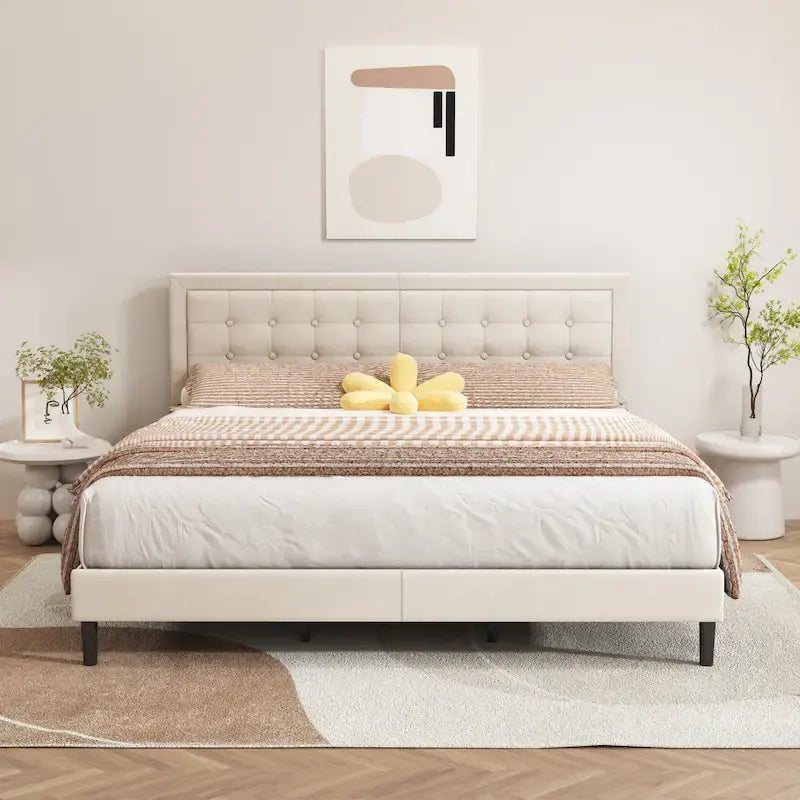 Cadre de lit plateforme rembourré noir/beige/blanc/rose | Tête de lit capitonnée | Jumeau/Double/Queen/King | 1-2 personnes