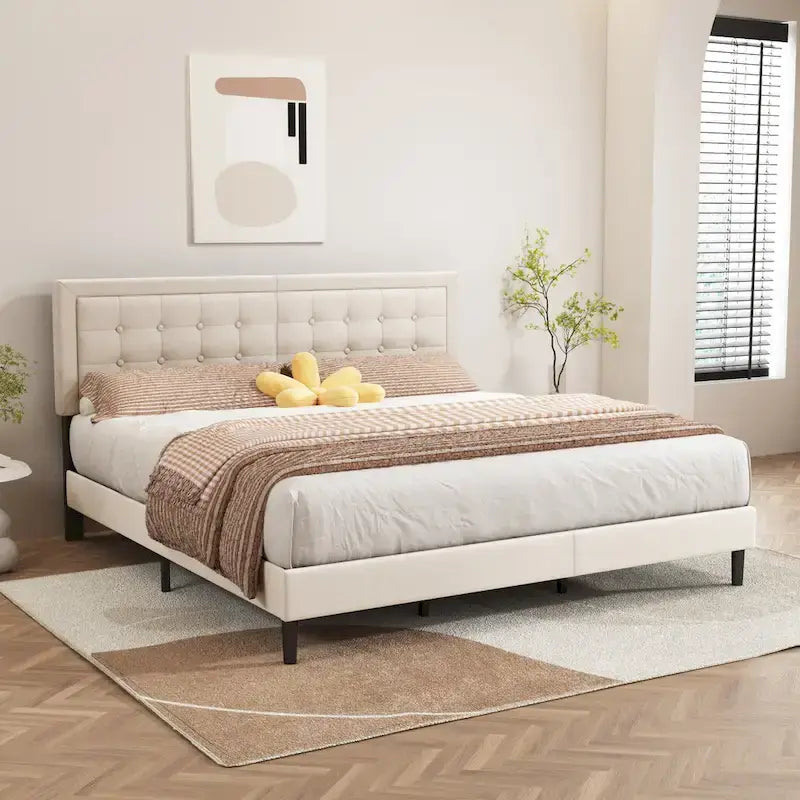 Cadre de lit plateforme rembourré noir/beige/blanc/rose | Tête de lit capitonnée | Jumeau/Double/Queen/King | 1-2 personnes