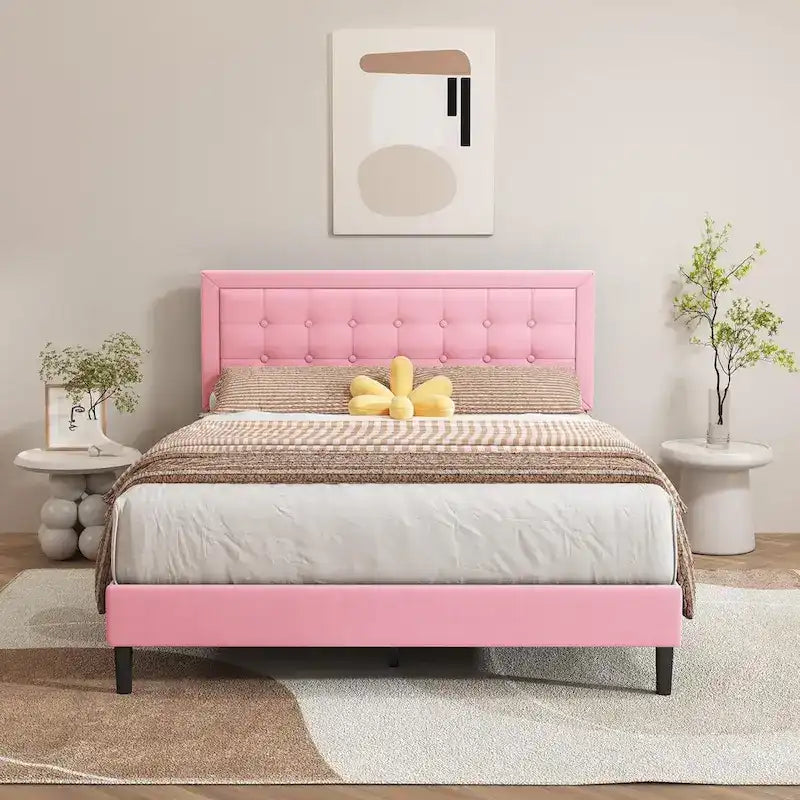 Cadre de lit plateforme rembourré noir/beige/blanc/rose | Tête de lit capitonnée | Jumeau/Double/Queen/King | 1-2 personnes