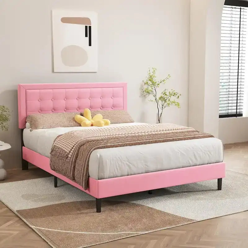 Cadre de lit plateforme rembourré noir/beige/blanc/rose | Tête de lit capitonnée | Jumeau/Double/Queen/King | 1-2 personnes
