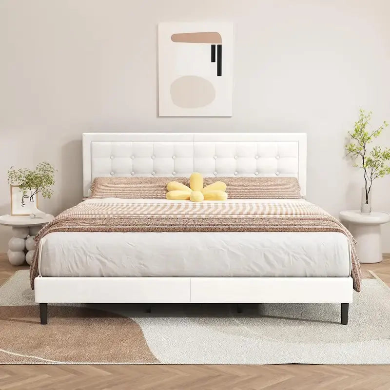 Cadre de lit plateforme rembourré noir/beige/blanc/rose | Tête de lit capitonnée | Jumeau/Double/Queen/King | 1-2 personnes