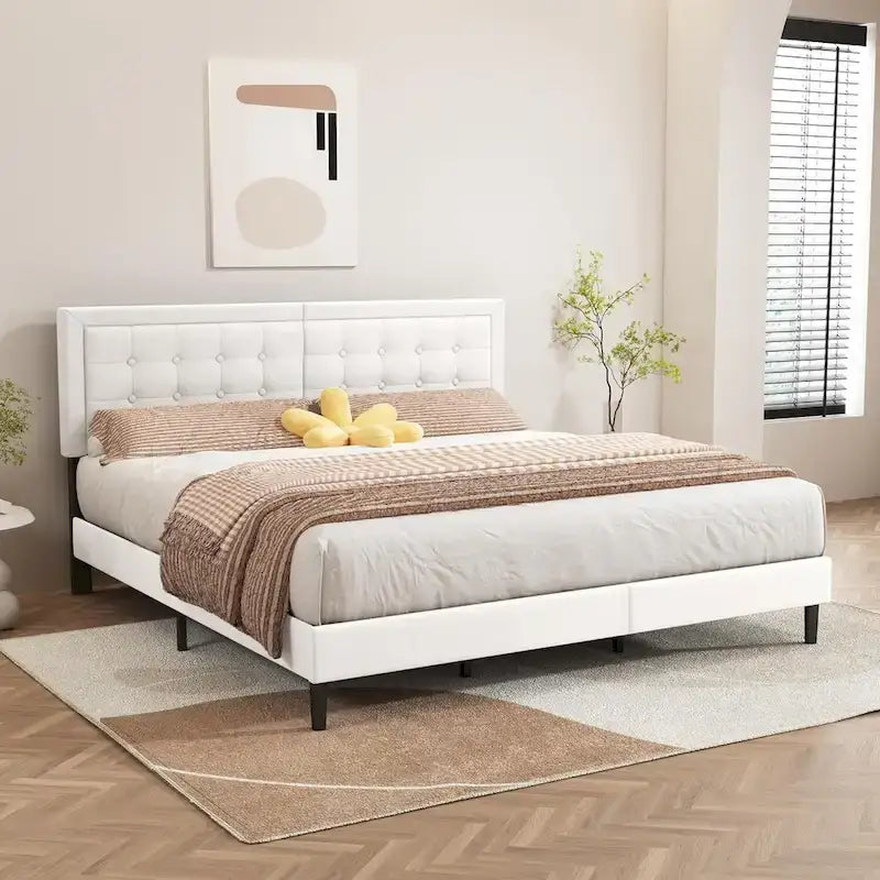 Cadre de lit plateforme rembourré noir/beige/blanc/rose | Tête de lit capitonnée | Jumeau/Double/Queen/King | 1-2 personnes