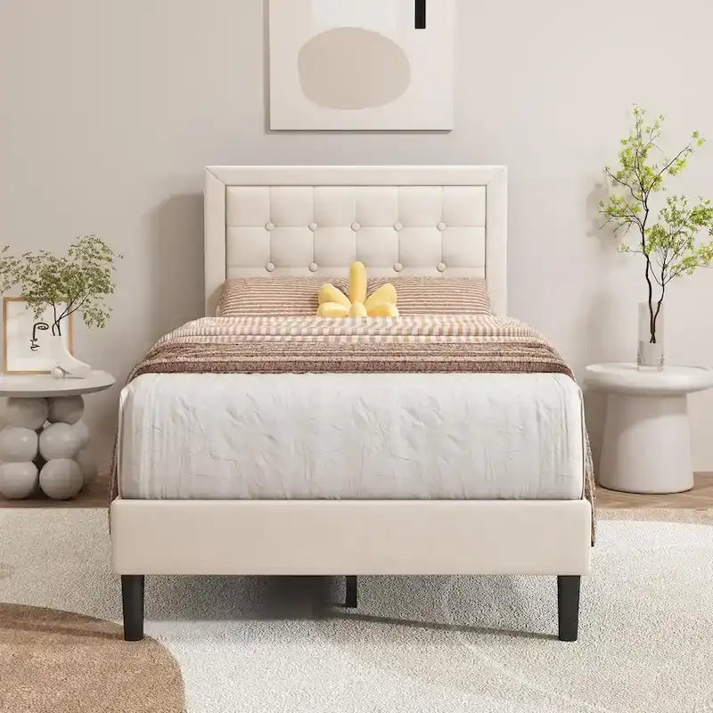 Cadre de lit plateforme rembourré noir/beige/blanc/rose | Tête de lit capitonnée | Jumeau/Double/Queen/King | 1-2 personnes