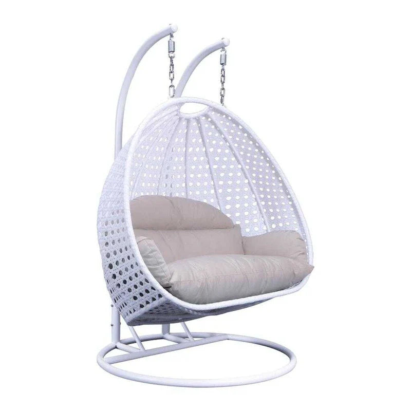 Fauteuil suspendu en forme d'œuf avec support métallique, cadre en osier et coussin – Beige / Bleu anthracite / Blanc / Bleu / Blanc antique / Marron / Toile, 2 places